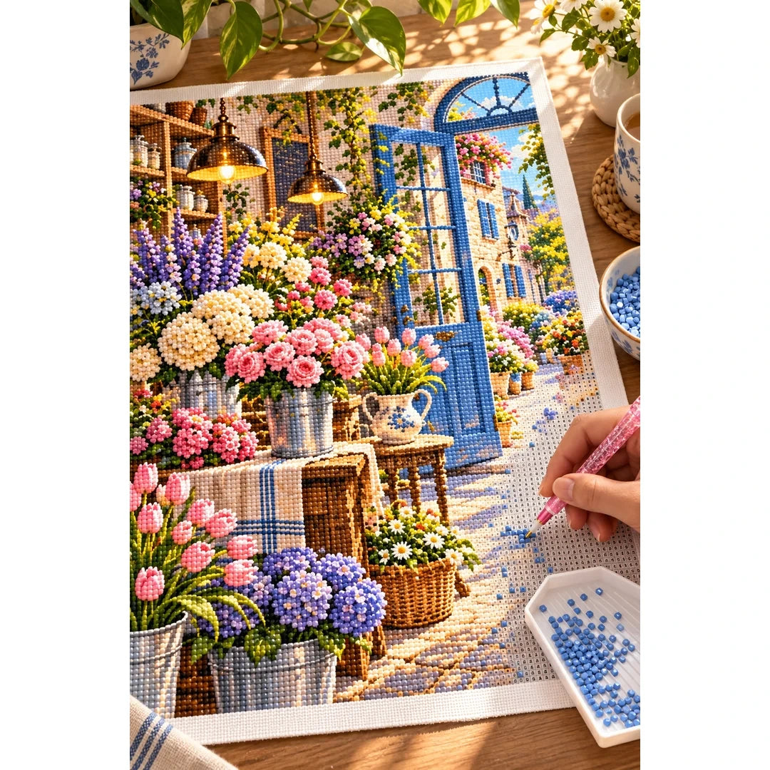 French Flower Shop Interior — diamond painting process with applicator pen