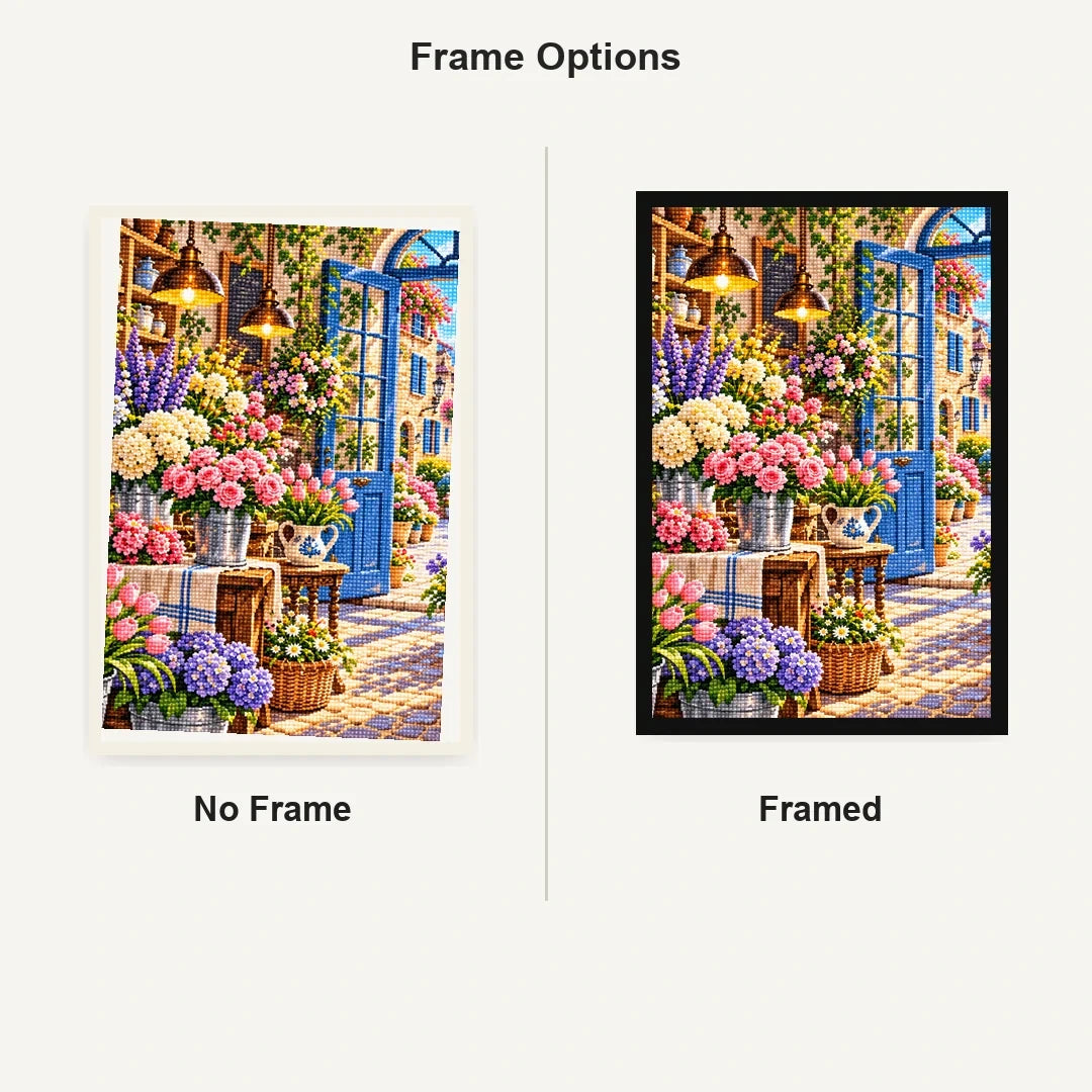 French Flower Shop Interior — No Frame and Framed style comparison