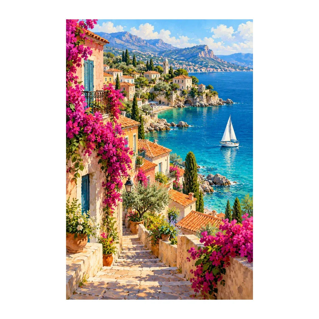 Original French Riviera artwork on a white background.