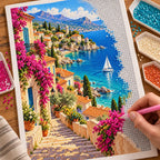 Hands placing diamond drills on the French Riviera design.