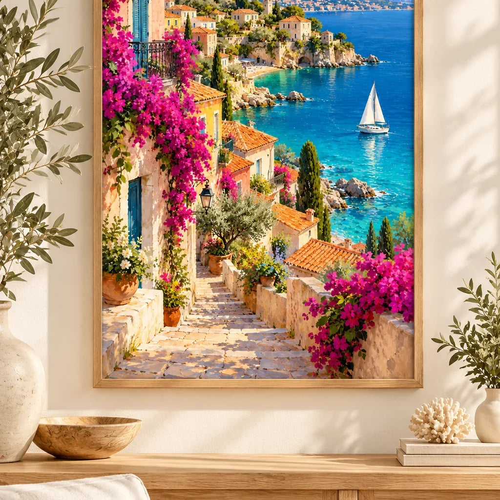 Framed French Riviera diamond painting displayed as home decor.