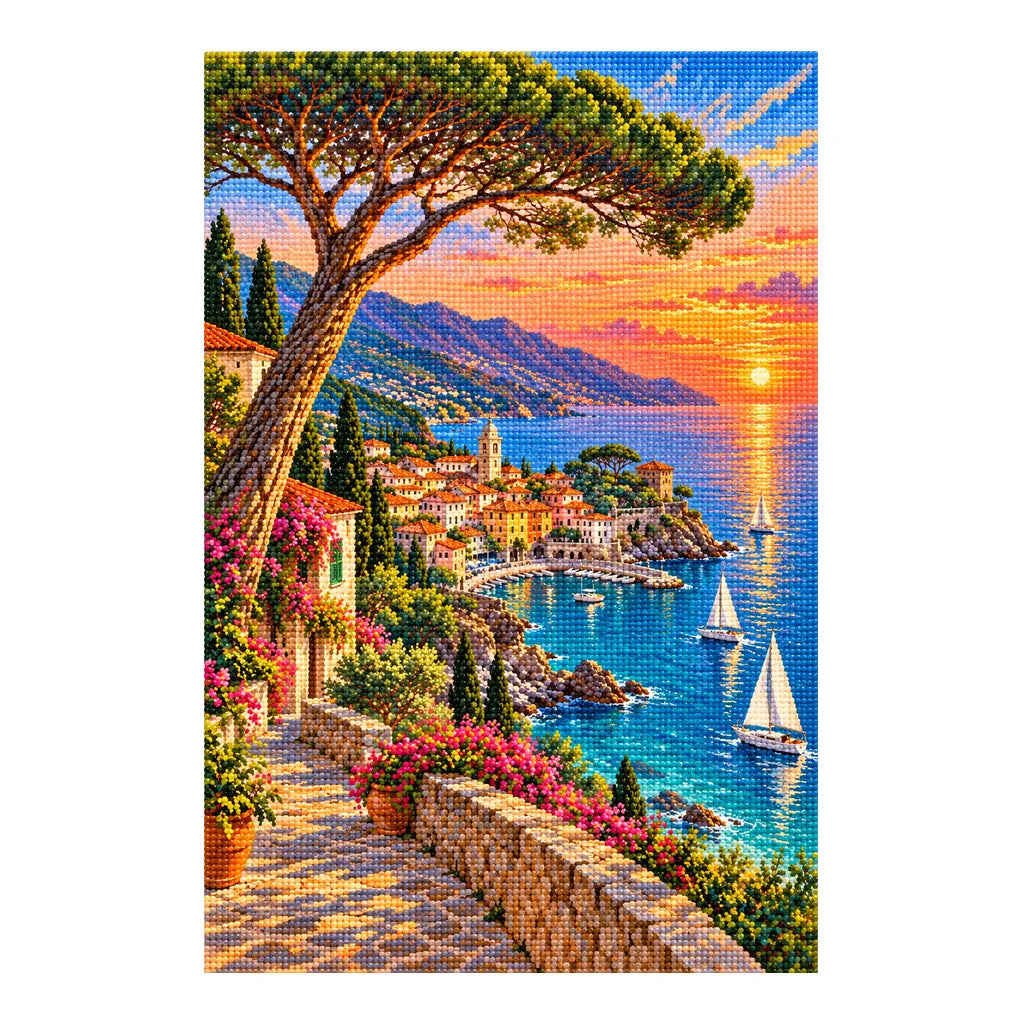 White-background finished diamond painting of French Riviera Coast.
