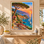 Framed French Riviera Coast diamond painting displayed as home decor.