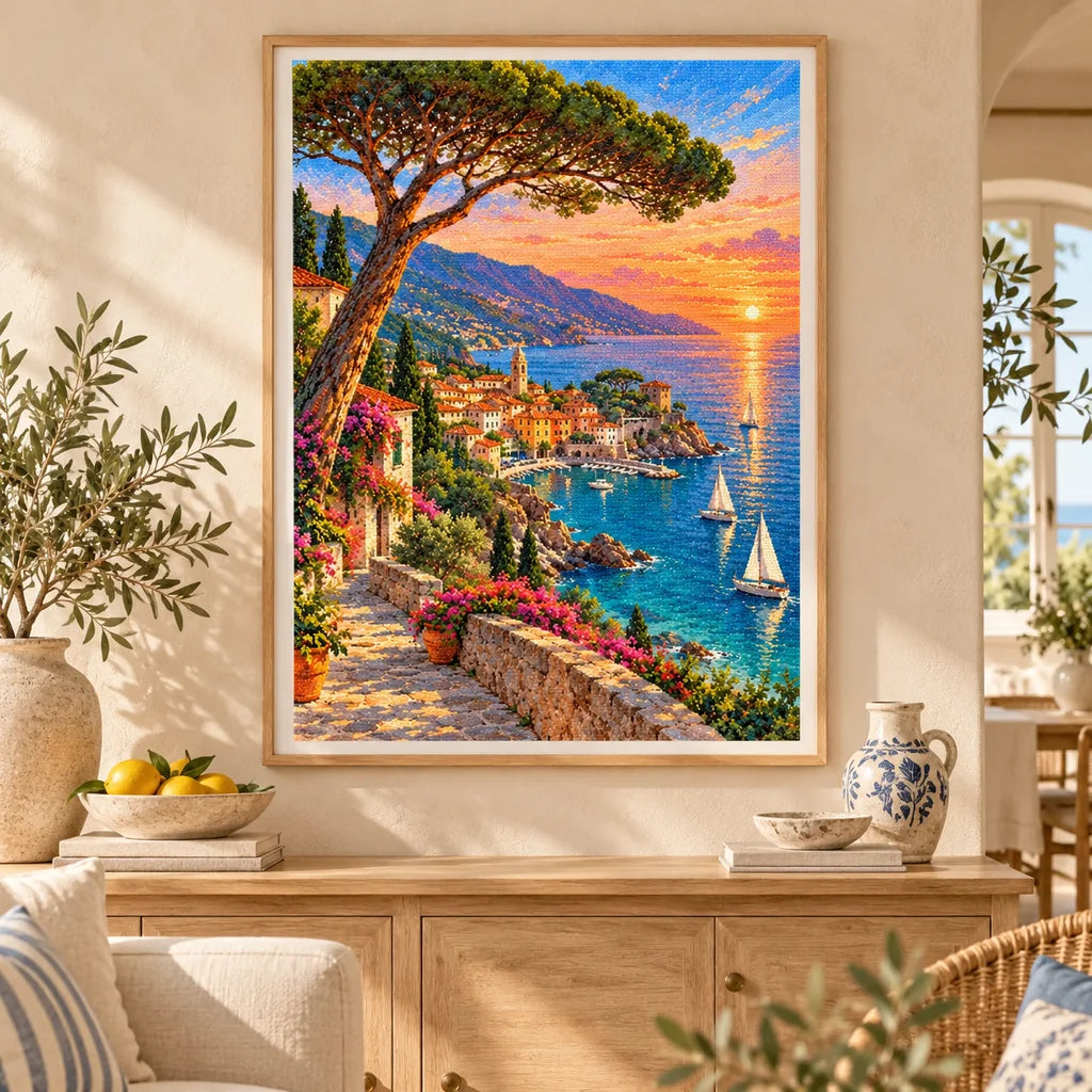 Framed French Riviera Coast diamond painting displayed as home decor.