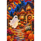 Friendly Ghost Autumn Cottage — finished diamond painting on a white background
