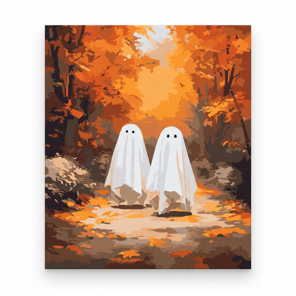 Friendly Ghosts in Autumn Forest paint by numbers artwork on a front-facing canvas against a white background