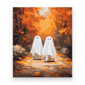 Friendly Ghosts in Autumn Forest paint by numbers artwork on a front-facing canvas against a white background