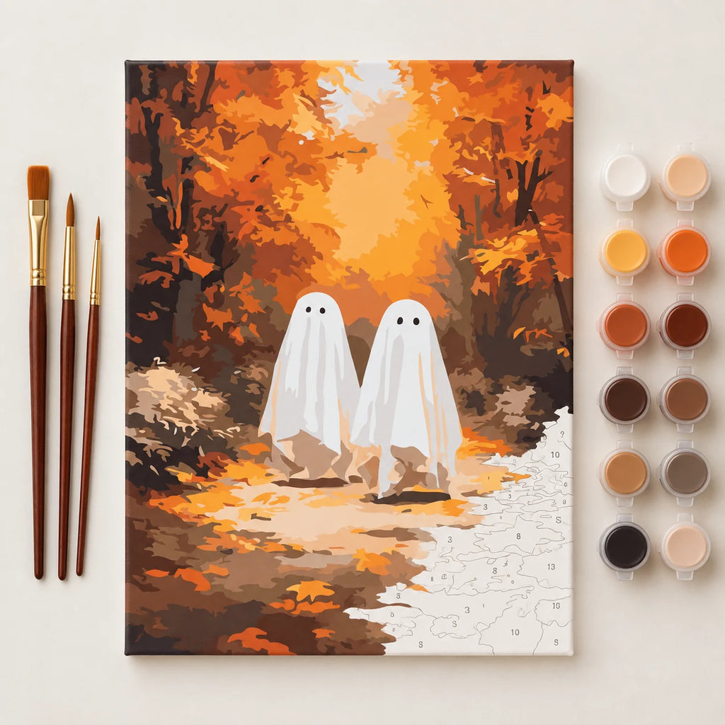 Complete Friendly Ghosts in Autumn Forest numbered canvas being painted with acrylic paints and brushes