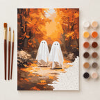 Complete Friendly Ghosts in Autumn Forest numbered canvas being painted with acrylic paints and brushes