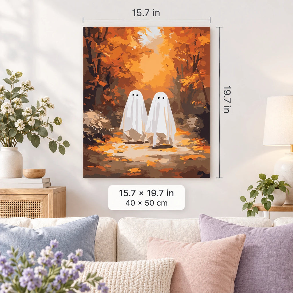 Friendly Ghosts in Autumn Forest shown in a styled room with 15.7 × 19.7 in and 40 × 50 cm dimensions