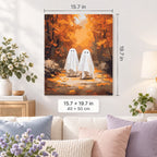 Friendly Ghosts in Autumn Forest shown in a styled room with 15.7 × 19.7 in and 40 × 50 cm dimensions