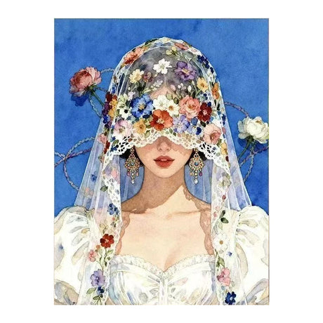 White-background original artwork of a front-facing bride behind a flower-covered lace veil