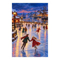 White-background original artwork of a couple skating across an icy harbor beneath a violet winter sunset for a diamond painting kit