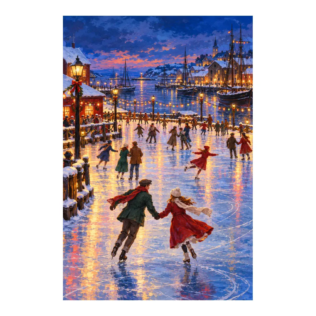 White-background original artwork of a couple skating across an icy harbor beneath a violet winter sunset for a diamond painting kit