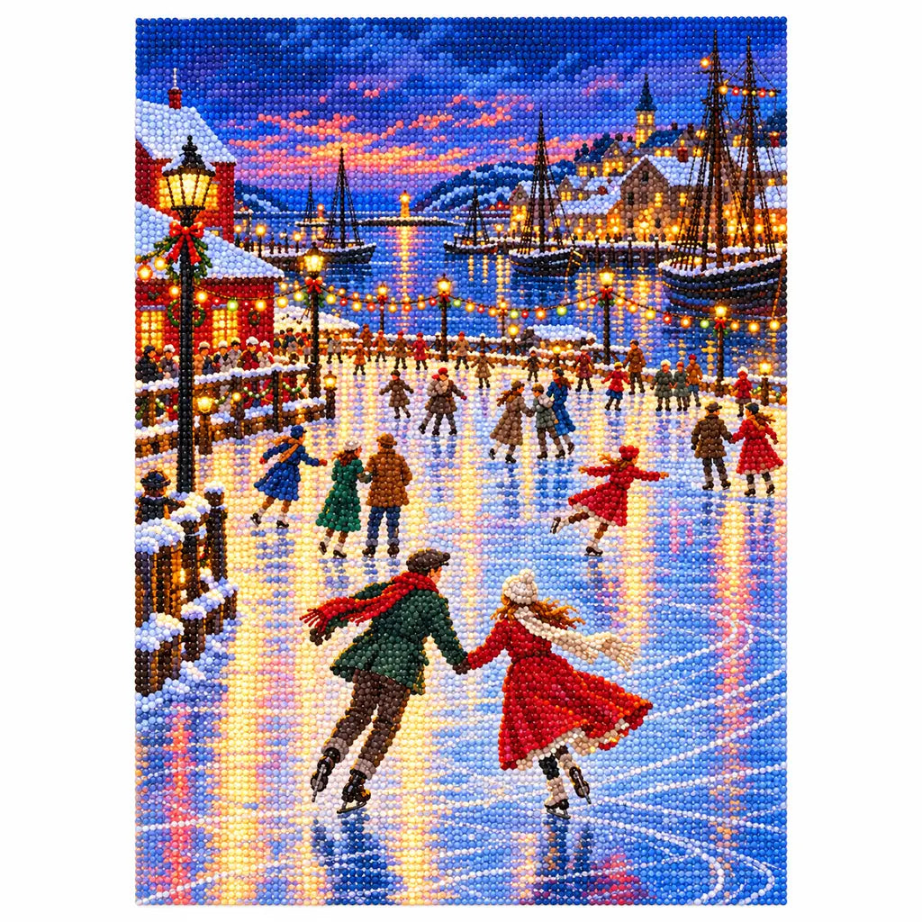 White-background finished diamond painting of a couple skating across an icy harbor beneath a violet winter sunset with sparkling drills
