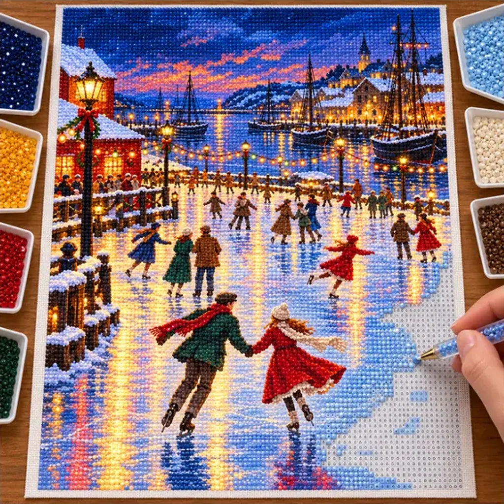 Diamond painting process showing a couple skating across an icy harbor beneath a violet winter sunset being completed with a stylus