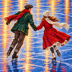 Close-up diamond drill detail of a couple skating across an icy harbor beneath a violet winter sunset artwork
