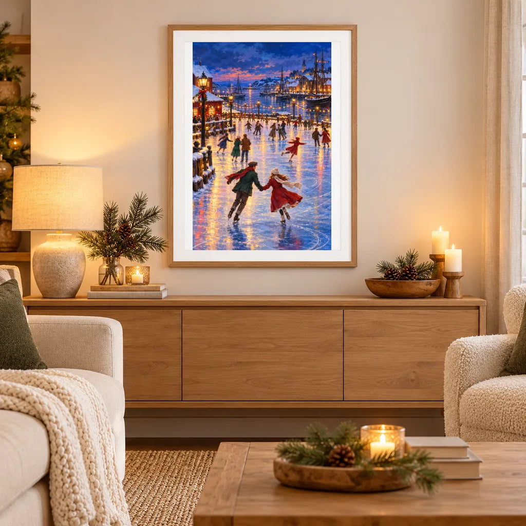 Framed a couple skating across an icy harbor beneath a violet winter sunset diamond painting displayed as home decor