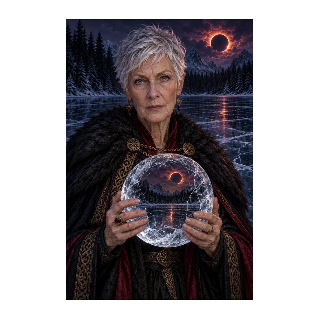 Original design of a clairvoyant holding a crystal ball beside a moonlit frozen lake.