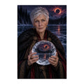 Original design of a clairvoyant holding a crystal ball beside a moonlit frozen lake.