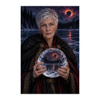 Original design of a clairvoyant holding a crystal ball beside a moonlit frozen lake.
