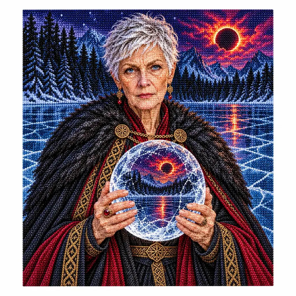 Finished diamond painting of a winter clairvoyant with a glowing crystal ball.