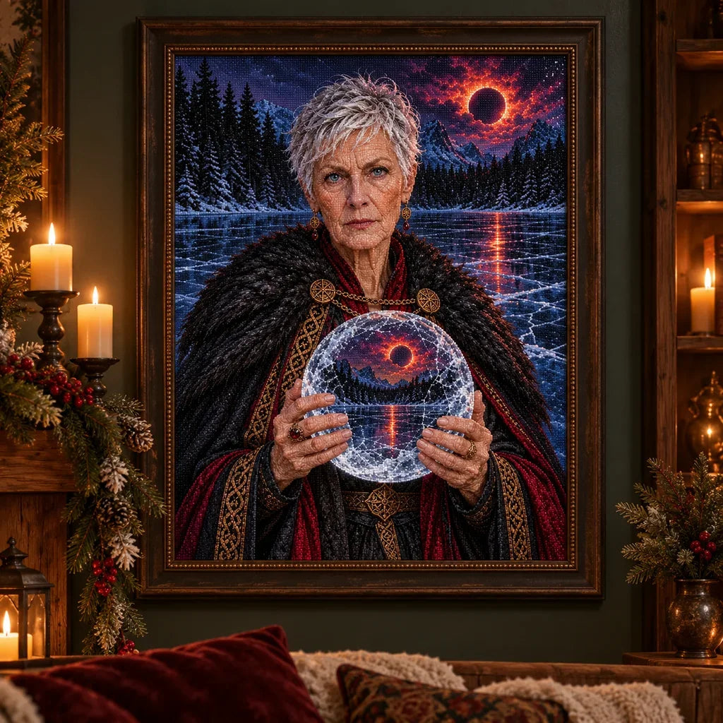 Framed Frozen Lake Clairvoyant artwork displayed in a warmly lit room.