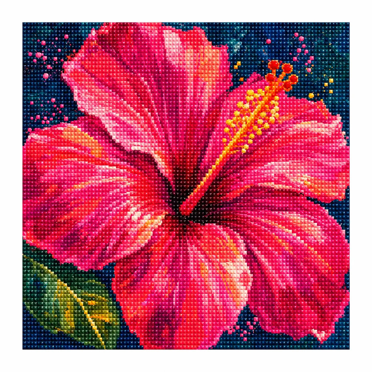 White-background finished diamond painting of Fuchsia Hibiscus Bloom