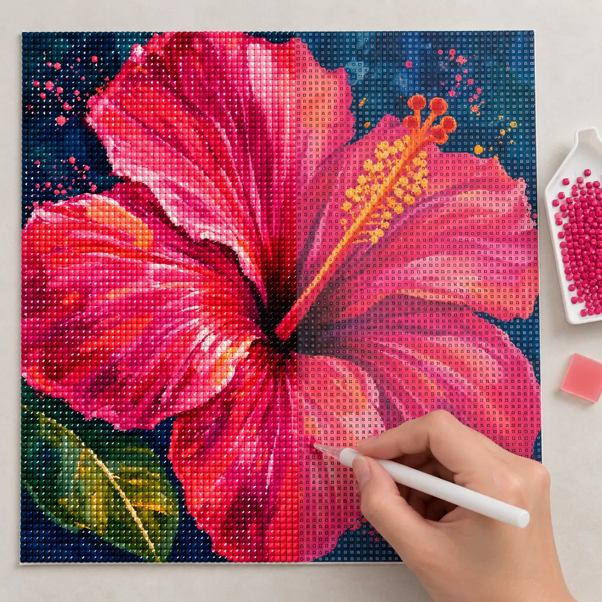 Diamond painting process for Fuchsia Hibiscus Bloom