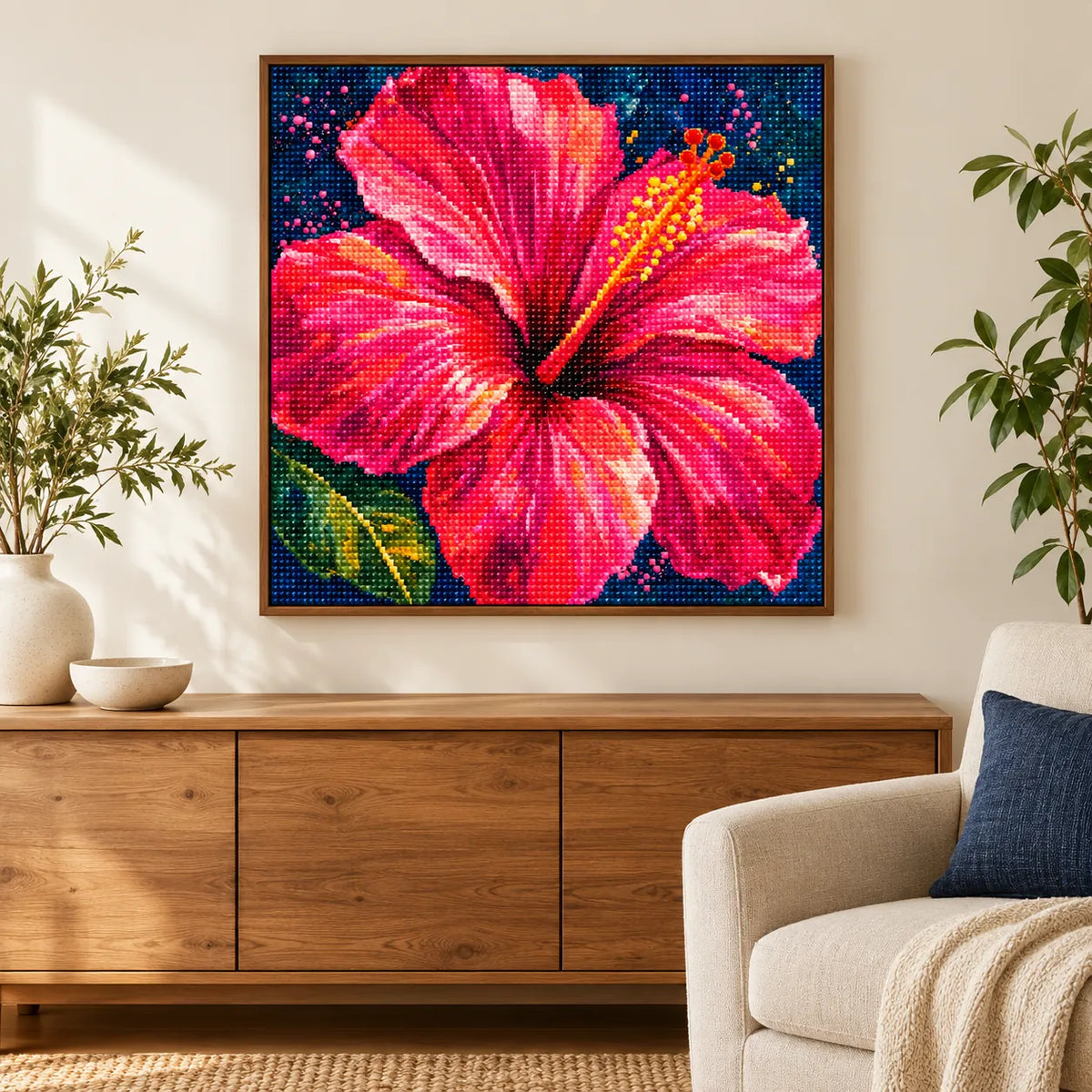 Home decor scene featuring Fuchsia Hibiscus Bloom