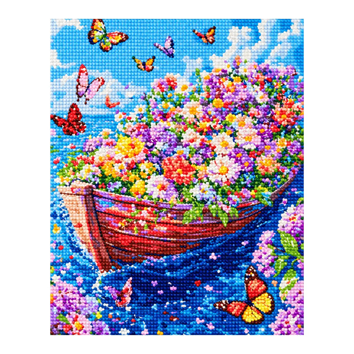 Finished diamond painting of garden afloat.