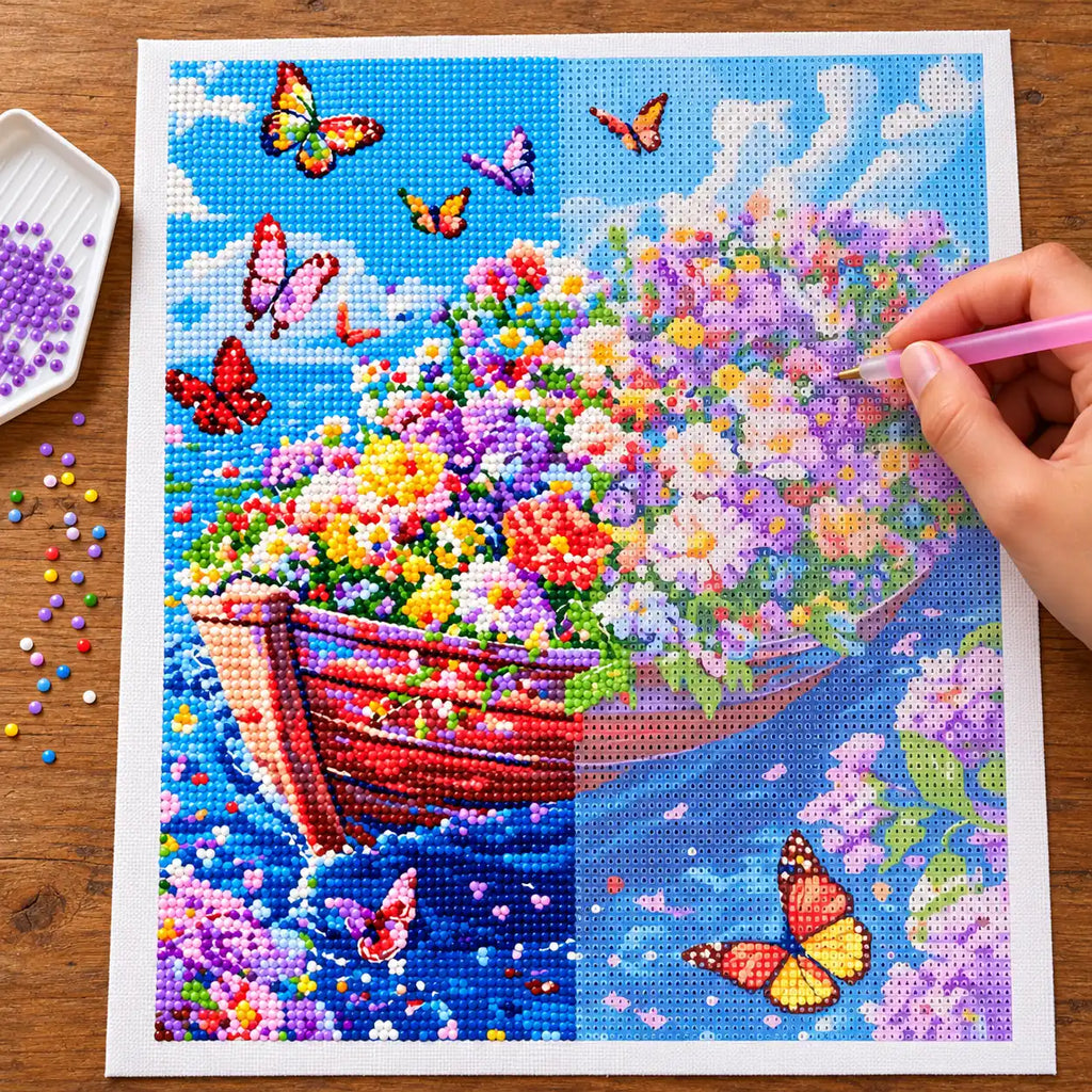 Diamond painting process for garden afloat.