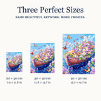 Size guide for Garden Afloat Diamond Painting Kit: 20 × 30 cm, 30 × 40 cm, and 40 × 50 cm.