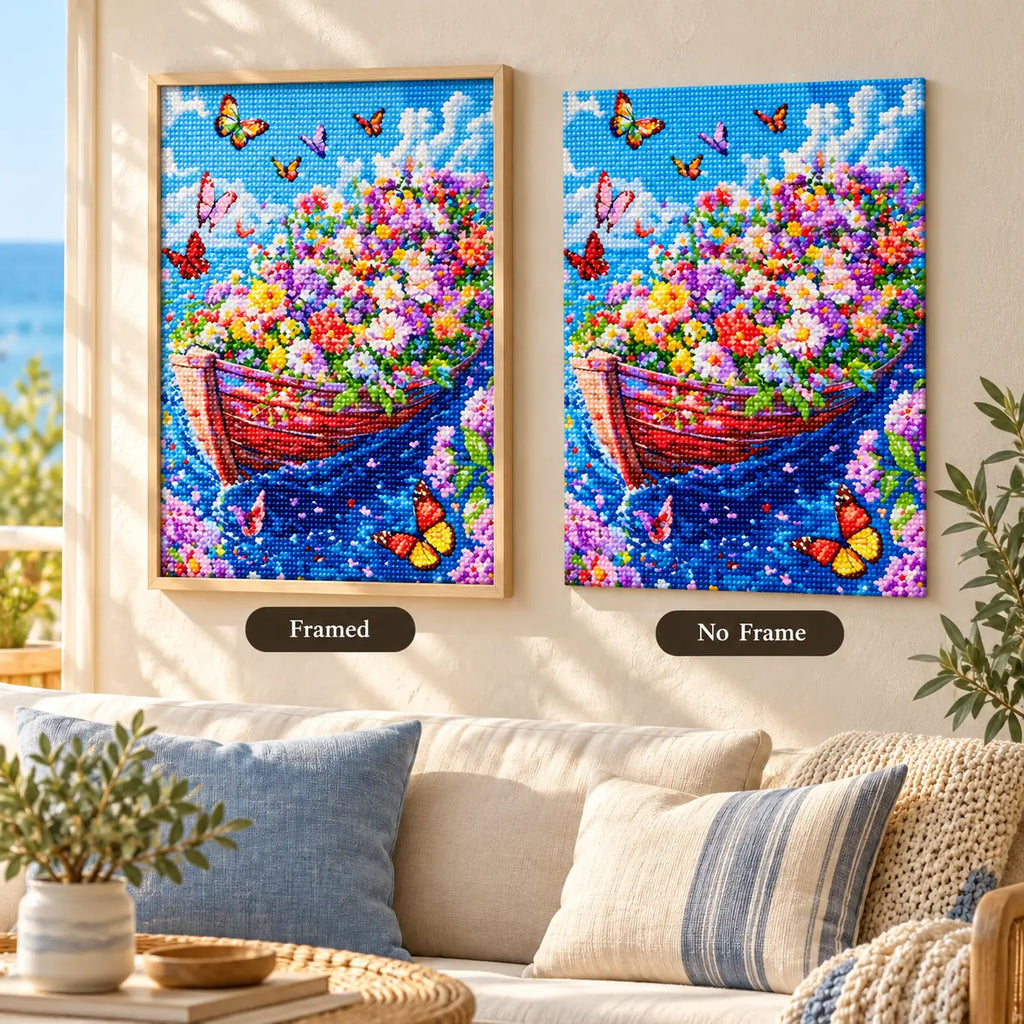 Framed and no-frame comparison for Garden Afloat Diamond Painting Kit.
