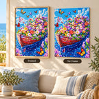 Framed and no-frame comparison for Garden Afloat Diamond Painting Kit.