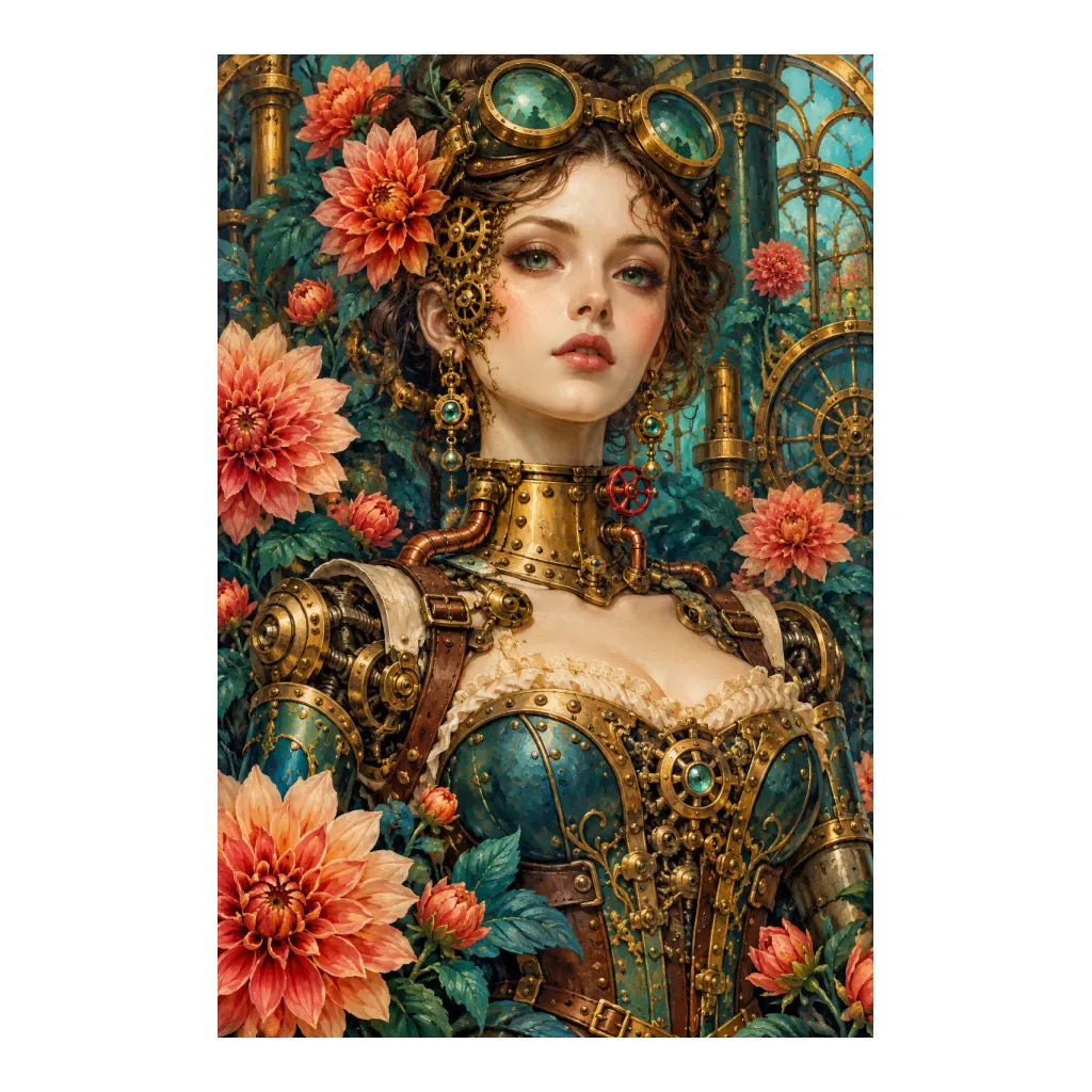 White-background original artwork of an art nouveau clockwork woman surrounded by blooming garden flowers for a diamond painting kit