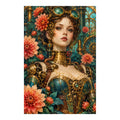 White-background original artwork of an art nouveau clockwork woman surrounded by blooming garden flowers for a diamond painting kit