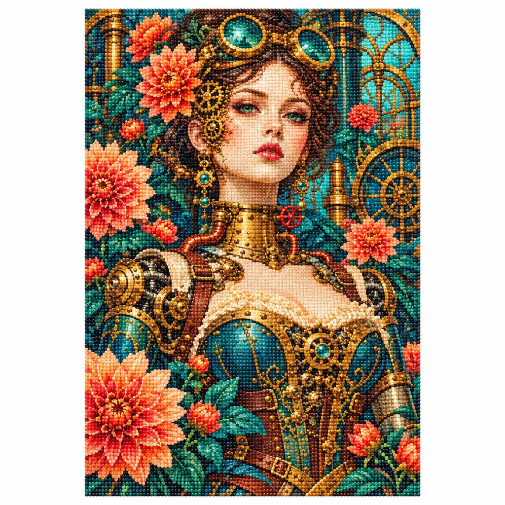 White-background finished diamond painting of an art nouveau clockwork woman surrounded by blooming garden flowers with sparkling drills