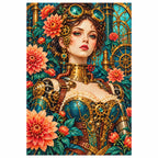 White-background finished diamond painting of an art nouveau clockwork woman surrounded by blooming garden flowers with sparkling drills