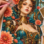 Diamond painting process showing an art nouveau clockwork woman surrounded by blooming garden flowers being completed with a stylus