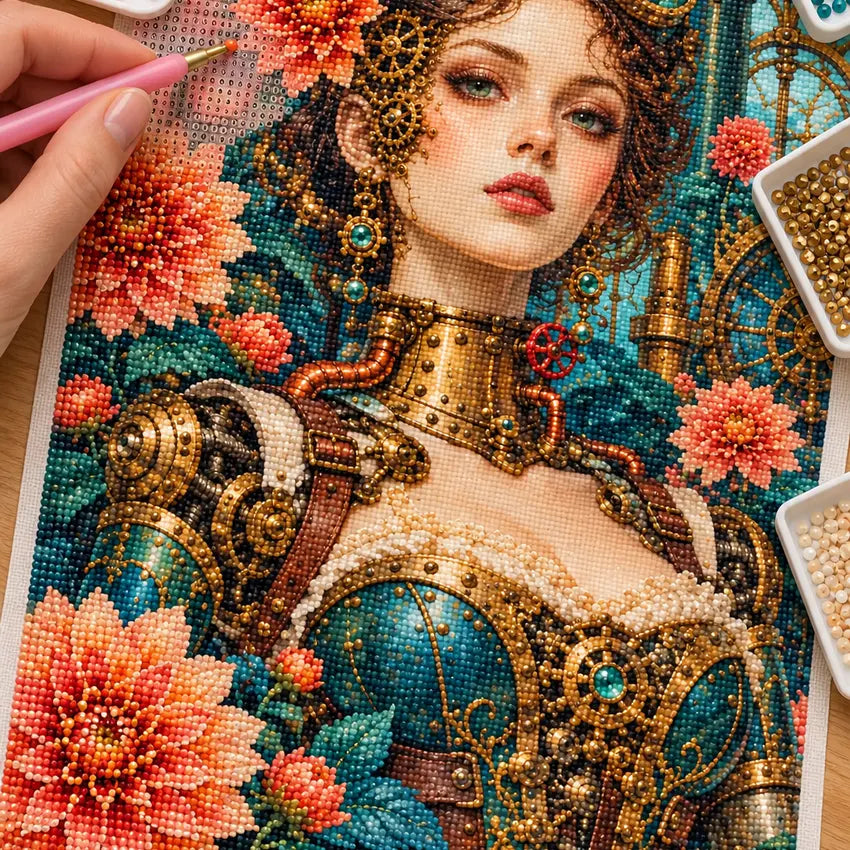 Diamond painting process showing an art nouveau clockwork woman surrounded by blooming garden flowers being completed with a stylus