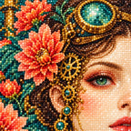 Close-up diamond drill detail of an art nouveau clockwork woman surrounded by blooming garden flowers artwork