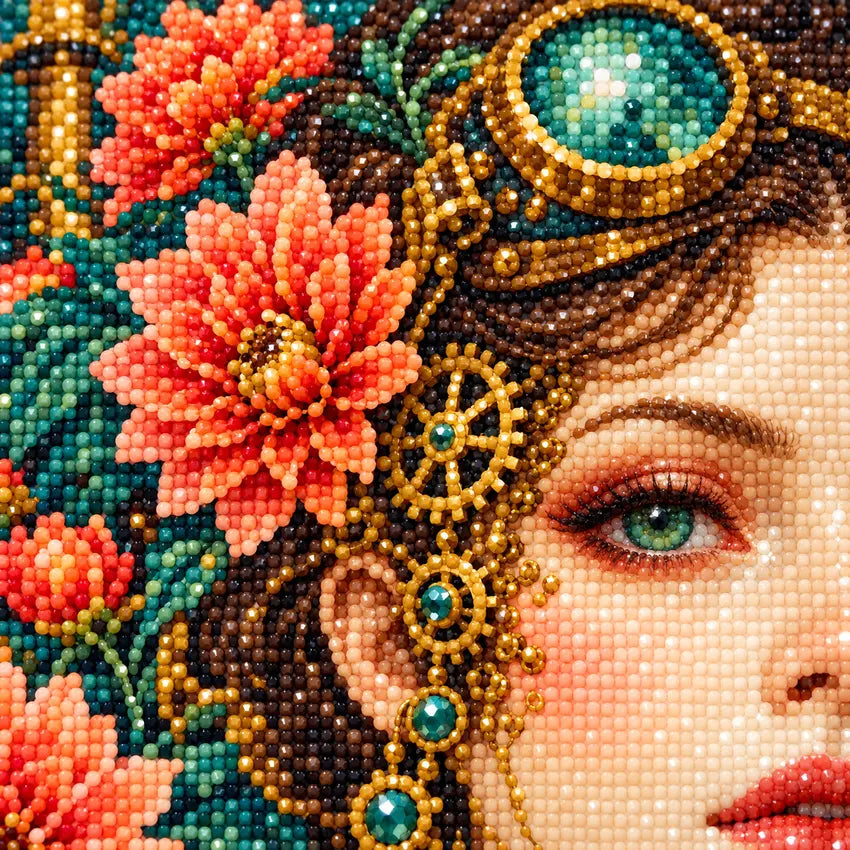 Close-up diamond drill detail of an art nouveau clockwork woman surrounded by blooming garden flowers artwork