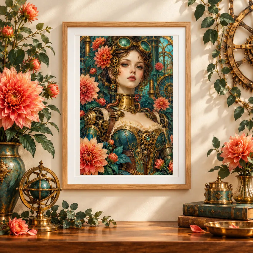 Framed an art nouveau clockwork woman surrounded by blooming garden flowers diamond painting displayed as home decor
