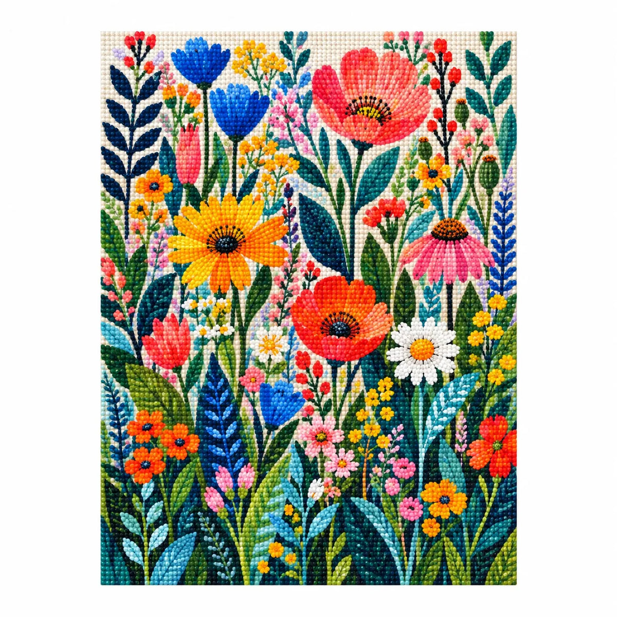 Finished diamond painting of garden of blooming colors.