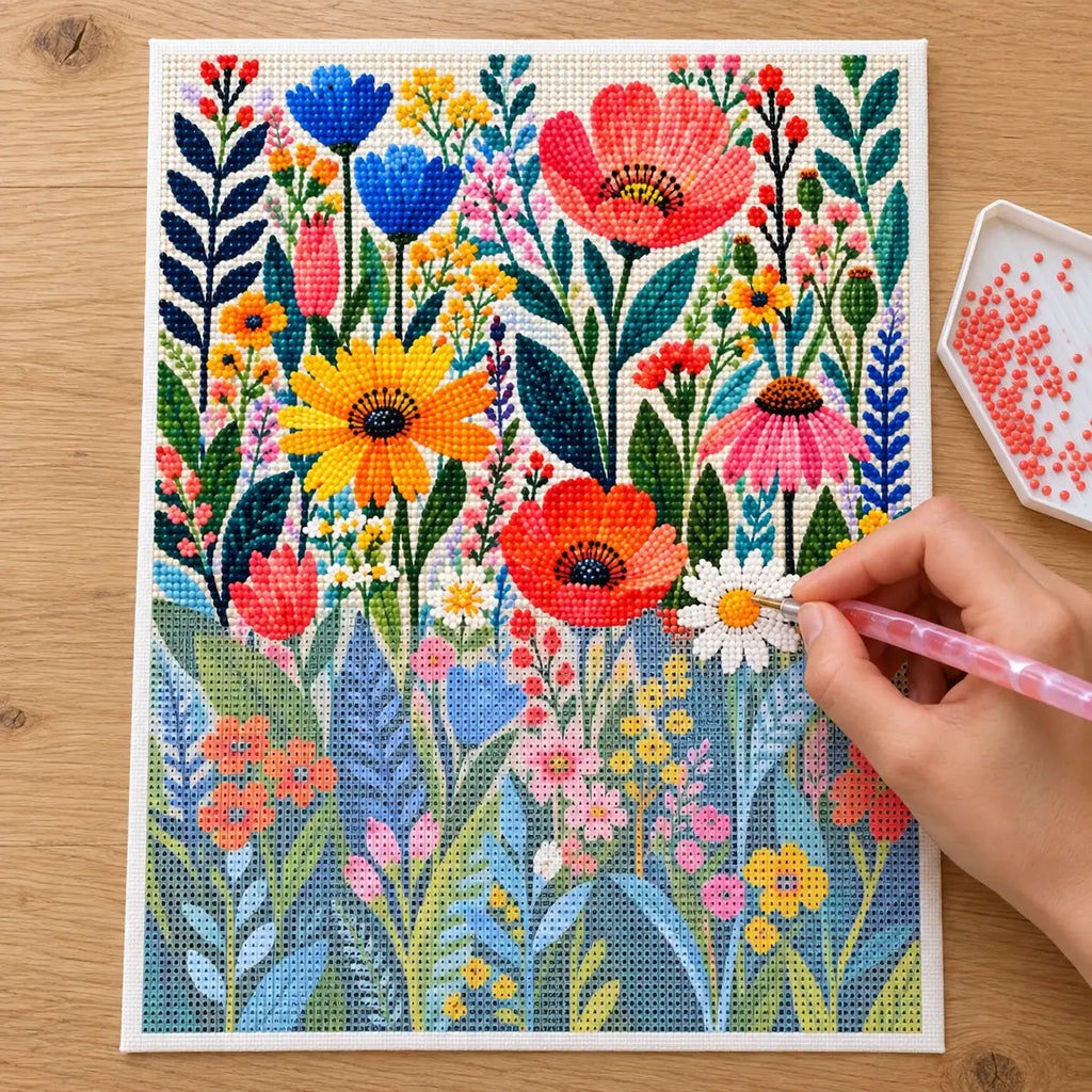 Diamond painting process for garden of blooming colors.