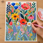 Diamond painting process for garden of blooming colors.
