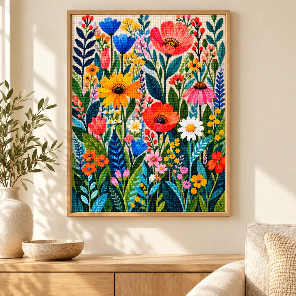 Home decor scene showing garden of blooming colors displayed on a wall.