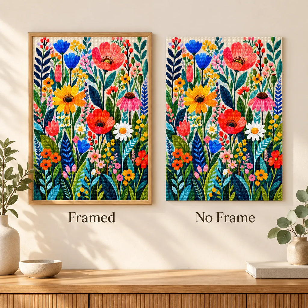 Framed and no-frame comparison for Garden of Blooming Colors Diamond Painting Kit.