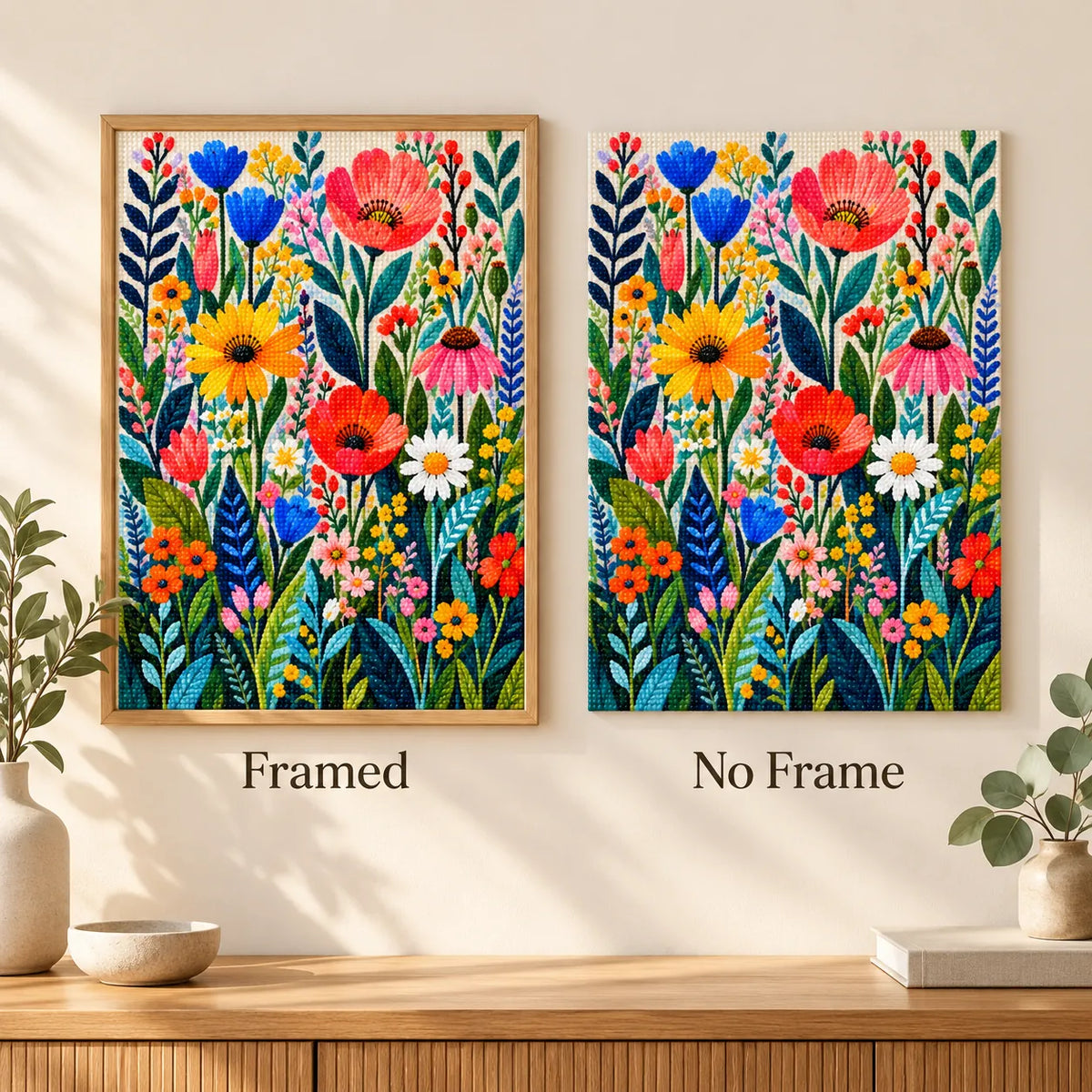 Framed and no-frame comparison for Garden of Blooming Colors Diamond Painting Kit.